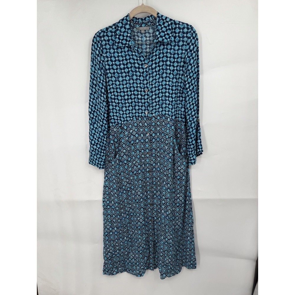 Habitat Dress Women XS Blue Geometric Print Midi Lagenlook Artsy Boho Button Up